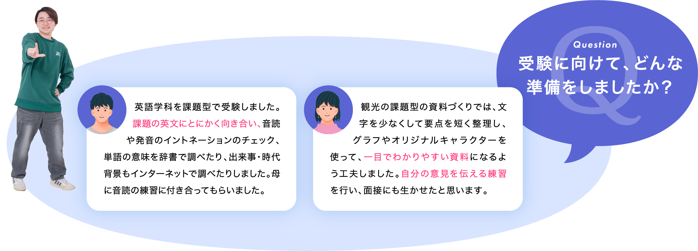 受験に向けて、どんな準備をしましたか?「課題の英文にとにかく向き合い、音読や発音のイントネーションのチェック、単語の意味を辞書で調べたり、出来事・時代背景もインターネットで調べたりしました。母に音読の練習に付き合ってもらいました。」