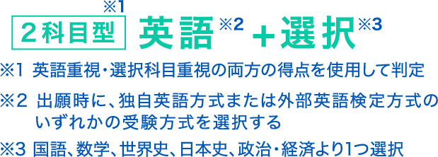 2科目型:英語+選択(※1 英語重視・選択科目重視の両方の得点を使用して判定)