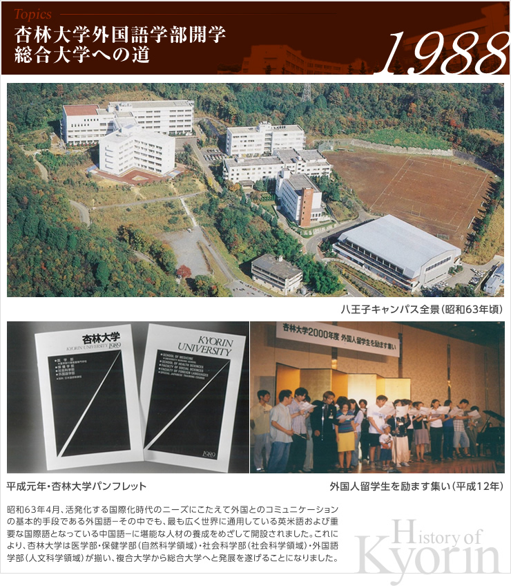 �Ǘё�w�O����w���J�w ������w�ւ̓� ���a63�N4���A���������鍑�ۉ�����̃j�[�Y�ɂ������ĊO���Ƃ̃R�~���j�P�[�V�����̊�{�I��i�ł���O����|���̒��ł��A�ł��L�����E�ɒʗp���Ă���p�Čꂨ��яd�v�ȍ��ی�ƂȂ��Ă��钆����|�Ɋ��\�Ȑl�ނ̗{�����߂����ĊJ�݂���܂����B����ɂ��A�Ǘё�w�͈�w���E�ی��w���i���R�Ȋw�̈�j�E�Љ�Ȋw���i�Љ�Ȋw�̈�j�E�O����w���i�l���Ȋw�̈�j�������A������w���瑍����w�ւƔ��W�𐋂��邱�ƂɂȂ�܂����B